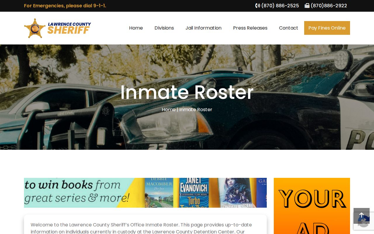 Official Lawrence County Sheriff inmate roster page and current-custody notice