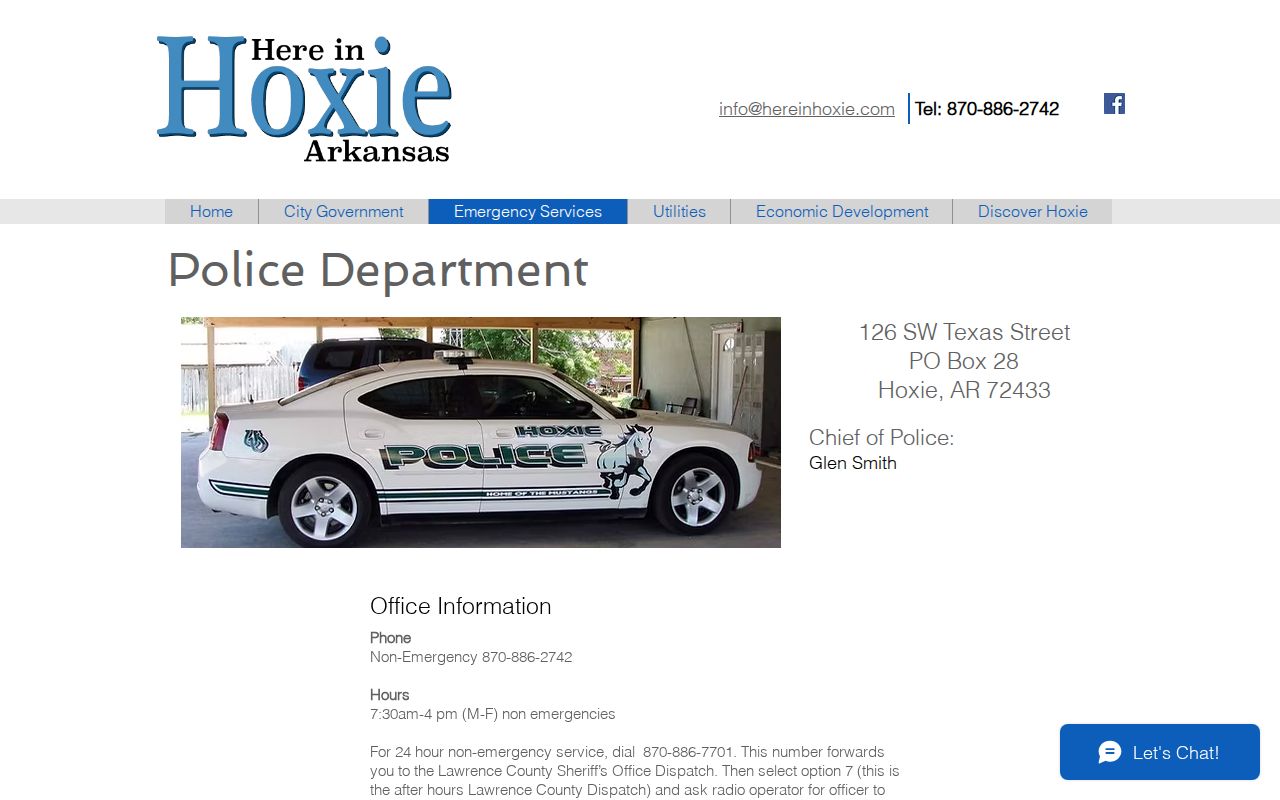 Captured official Hoxie Police Department contact page