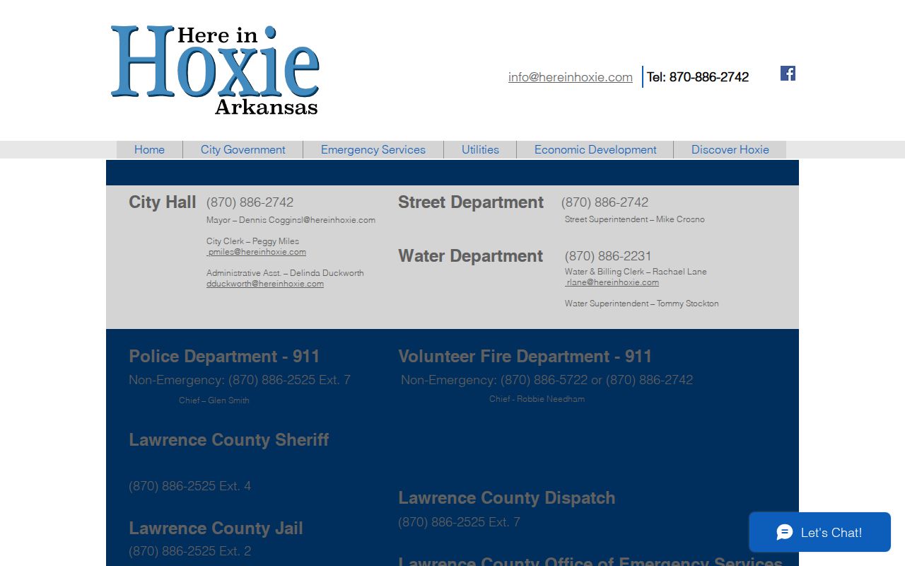 Captured Hoxie city directory with jail and dispatch contacts