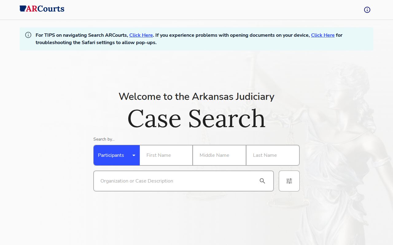 Arkansas CourtConnect public court case search interface